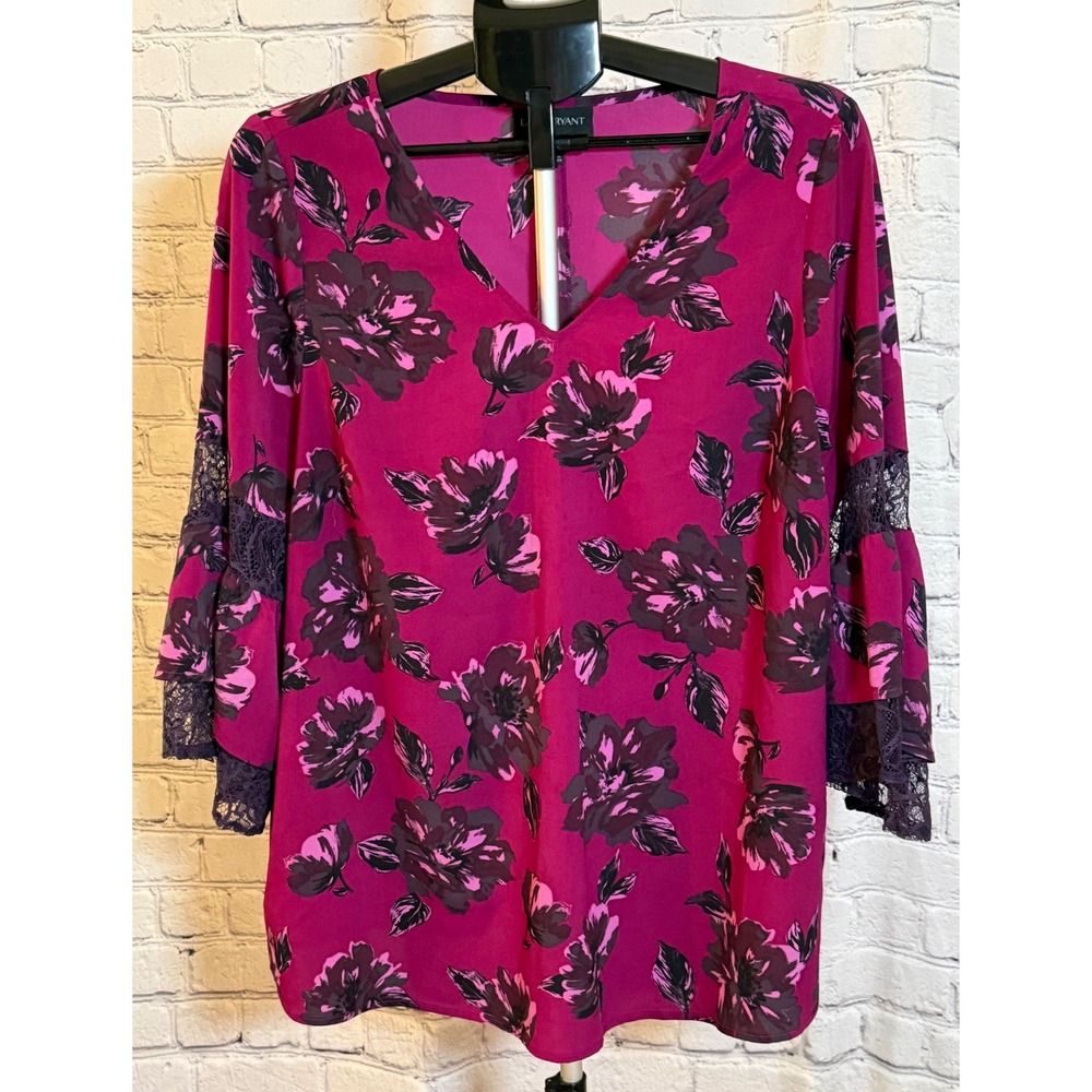 Lane Bryant Magenta Floral Bell Sleeve Lace Trim Blouse‎ V-Neck Top Size 14/16